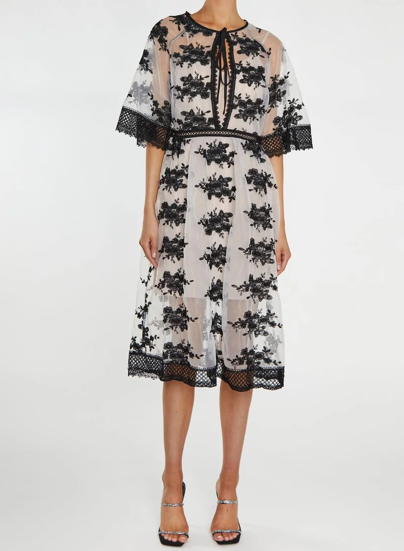 True Decadence Eva Nude Black Embroidery Lace Trim Angel Sleeve Midi-Dress