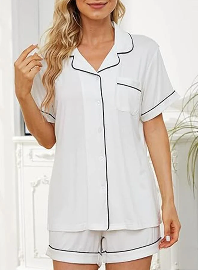 Take Two White Solid Piping Detail Shirt and Shorts Set
