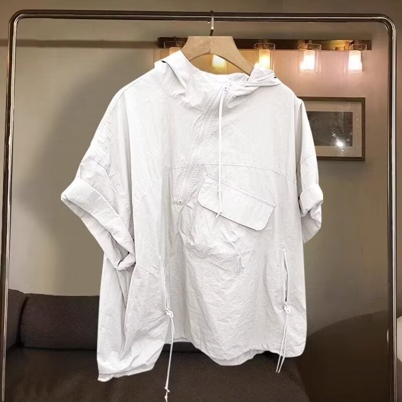 Solid Color Zip Hoodie Mens Short Sleeve Summer Tee Green - Image 3