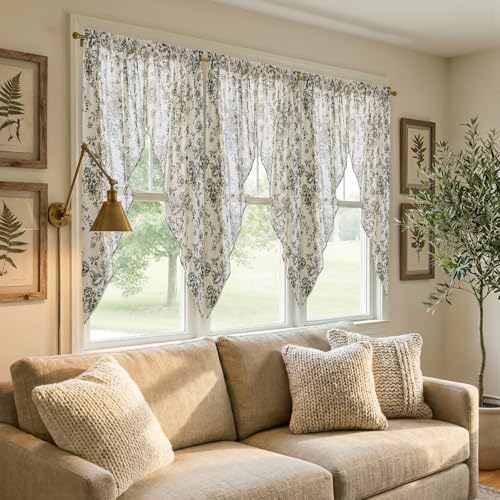 jinchan Floral Swag Valance for Windows 63 Inch Length Farmhouse Linen Kitchen Valances Country Light Filtering Small Window Treatment for Bedroom Living Room 2 Panels Black on Linen - Image 3
