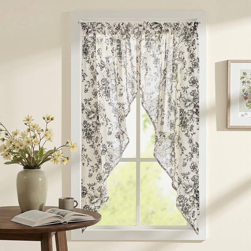 jinchan Floral Swag Valance for Windows 63 Inch Length Farmhouse Linen Kitchen Valances Country Light Filtering Small Window Treatment for Bedroom Living Room 2 Panels Black on Linen - Image 2