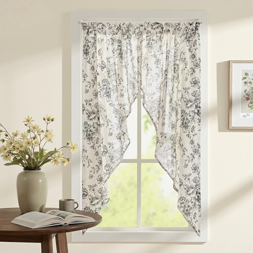 jinchan Floral Swag Valance for Windows 63 Inch Length Farmhouse Linen Kitchen Valances Country Light Filtering Small Window Treatment for Bedroom Living Room 2 Panels Black on Linen - Image 1