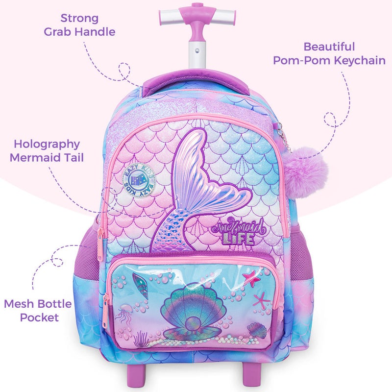 Eazy Kids 17” 3-Piece Trolley School Backpack Set for Kids – Mermaid Design with Lunch Bag & Pencil Case, Purple - Image 3