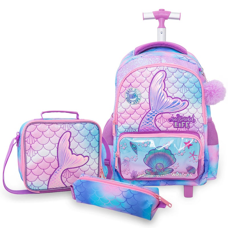 Eazy Kids 17” 3-Piece Trolley School Backpack Set for Kids – Mermaid Design with Lunch Bag & Pencil Case, Purple - Image 1