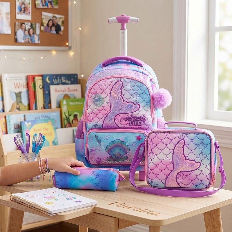 Eazy Kids 17” 3-Piece Trolley School Backpack Set for Kids – Mermaid Design with Lunch Bag & Pencil Case, Purple - Image 2