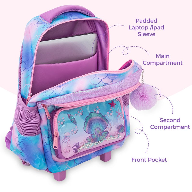 Eazy Kids 17” 3-Piece Trolley School Backpack Set for Kids – Mermaid Design with Lunch Bag & Pencil Case, Purple - Image 4