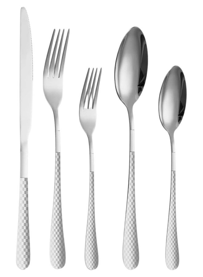 Naidev 5 Piece Silverware Set Service for 1, Stainless Steel Cutlery Set, Plaid Finish Flatware Set, Modern Kitchen Tableware Eating Utensil Sets. - Image 1