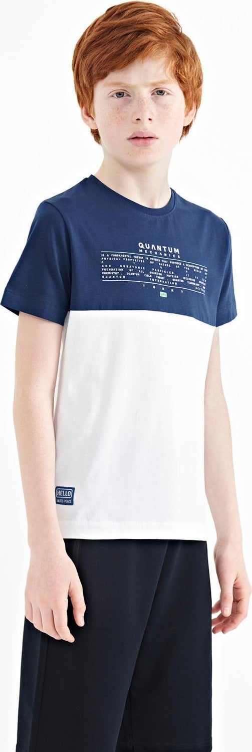 Tommy Life White Text Printed Color Block Standard Pattern O Neck Boy T-Shirt - 11134 - Image 4