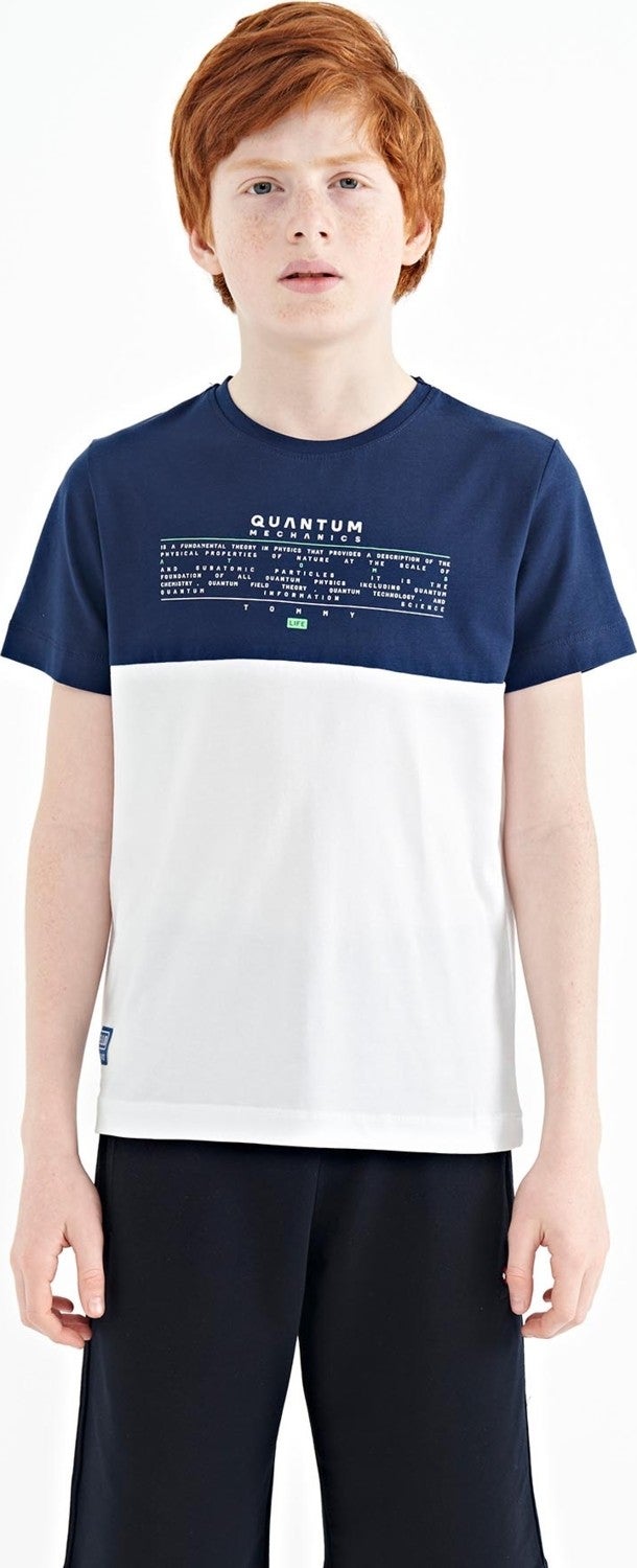 Tommy Life White Text Printed Color Block Standard Pattern O Neck Boy T-Shirt - 11134 - Image 1