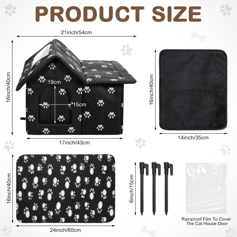 Dansydaisy 3 Pcs 21"x 18" Outdoor Waterproof Cat House with Curtained Door Self Warming Pad Blanket Large Feral Cat Shelter Winter Paw Collapsible Kitty Dog Bed Outside, 3 Tent Stakes, Easy Assemble - Image 2