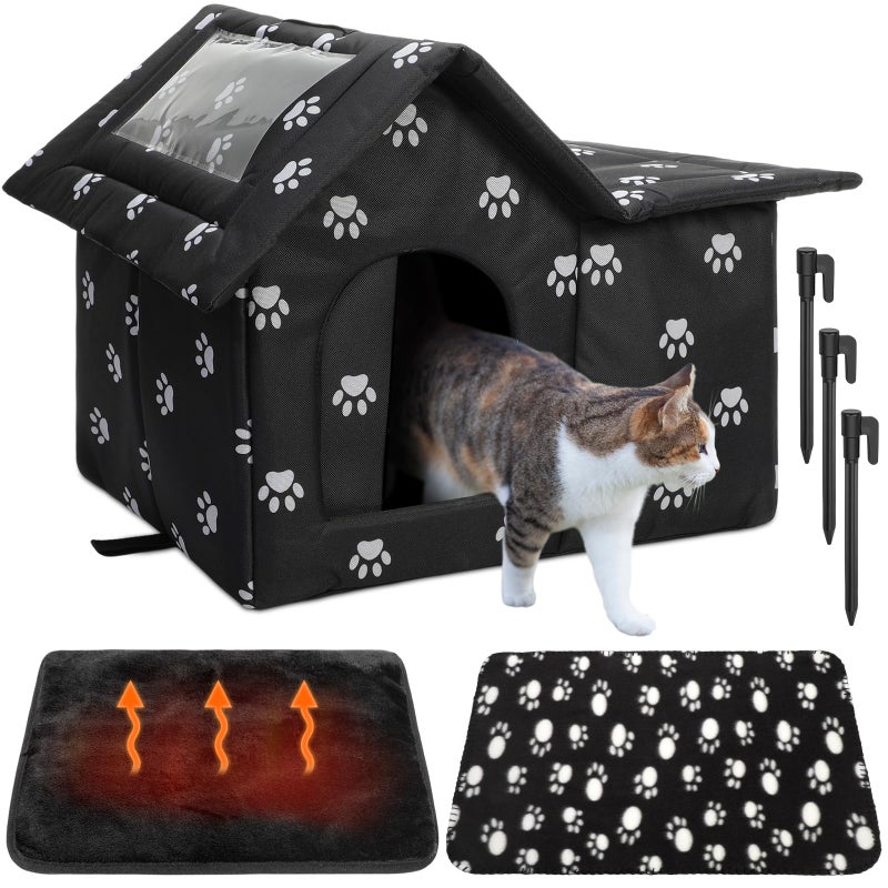 Dansydaisy 3 Pcs 21"x 18" Outdoor Waterproof Cat House with Curtained Door Self Warming Pad Blanket Large Feral Cat Shelter Winter Paw Collapsible Kitty Dog Bed Outside, 3 Tent Stakes, Easy Assemble - Image 1