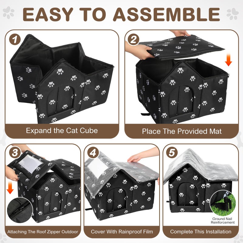 Dansydaisy 3 Pcs 21"x 18" Outdoor Waterproof Cat House with Curtained Door Self Warming Pad Blanket Large Feral Cat Shelter Winter Paw Collapsible Kitty Dog Bed Outside, 3 Tent Stakes, Easy Assemble - Image 4