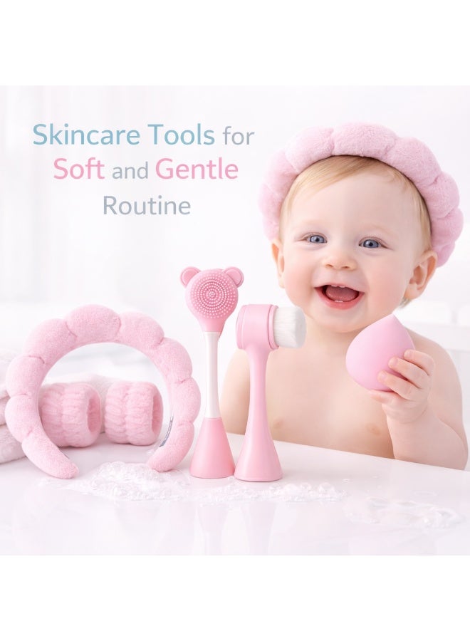 موش طقم أدوات العناية بالبشرة للوجه مكوّن من 5 قطع للنساء – فرشاة تنظيف، منظف وجه سيليكون، إسفنجة مكياج، رباط رأس سبا وأساور معصم، وردي - Image 5