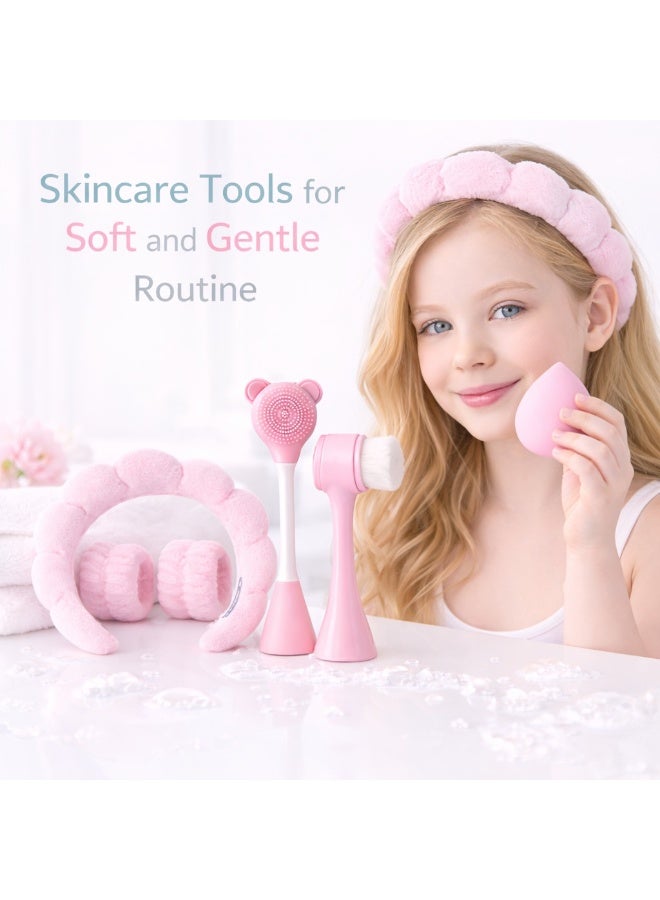 موش طقم أدوات العناية بالبشرة للوجه مكوّن من 5 قطع للنساء – فرشاة تنظيف، منظف وجه سيليكون، إسفنجة مكياج، رباط رأس سبا وأساور معصم، وردي - Image 4