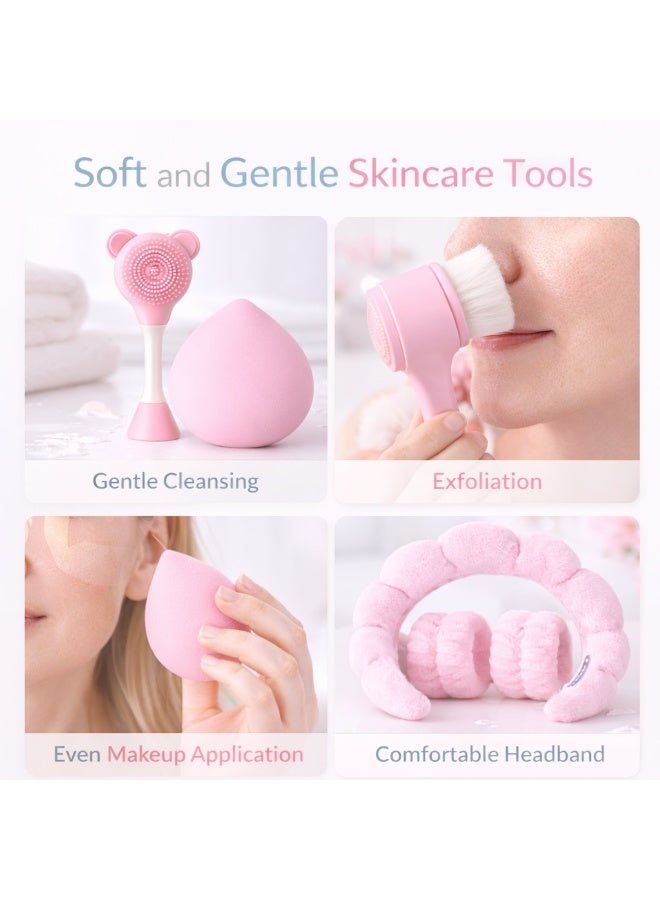 موش طقم أدوات العناية بالبشرة للوجه مكوّن من 5 قطع للنساء – فرشاة تنظيف، منظف وجه سيليكون، إسفنجة مكياج، رباط رأس سبا وأساور معصم، وردي - Image 3