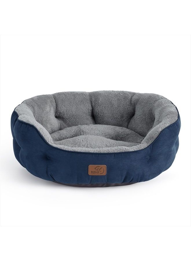 Dog Beds for Small Dogs - Round Cat Beds for Indoor Cats, Washable Pet Bed for Puppy and Kitten with Slip-Resistant Bottom, 20 Inches, Navy