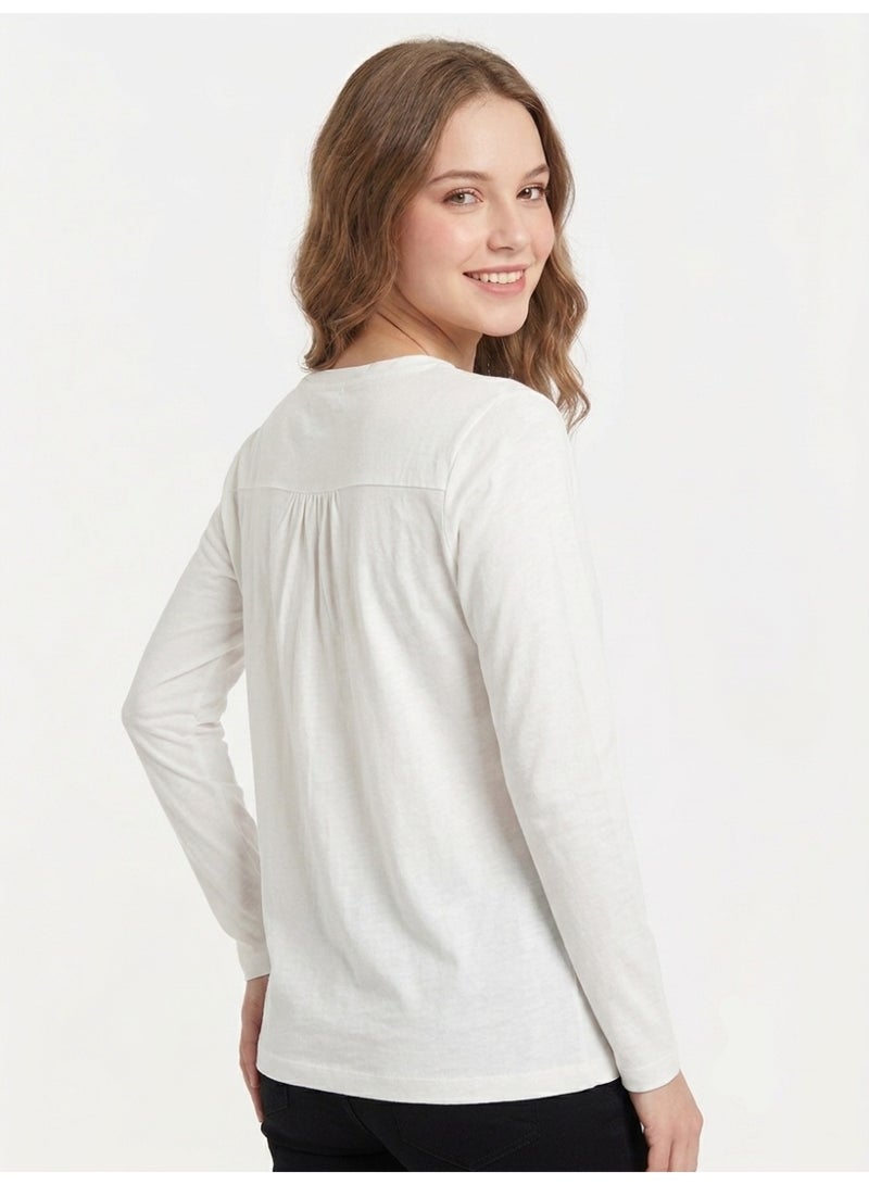 LOUD UNIVERSE Women's Soft Full Sleeve V-Neck Henley T-Shirt, White - Image 3