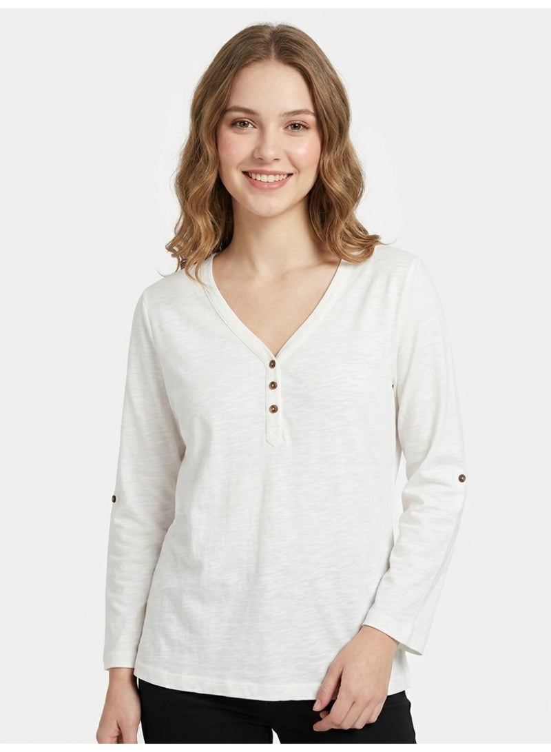 LOUD UNIVERSE Women's Soft Full Sleeve V-Neck Henley T-Shirt, White - Image 4