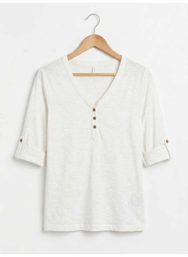 LOUD UNIVERSE Women's Soft Full Sleeve V-Neck Henley T-Shirt, White - Image 2