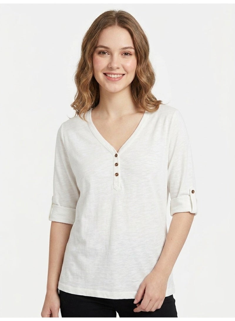 LOUD UNIVERSE Women's Soft Full Sleeve V-Neck Henley T-Shirt, White - Image 1