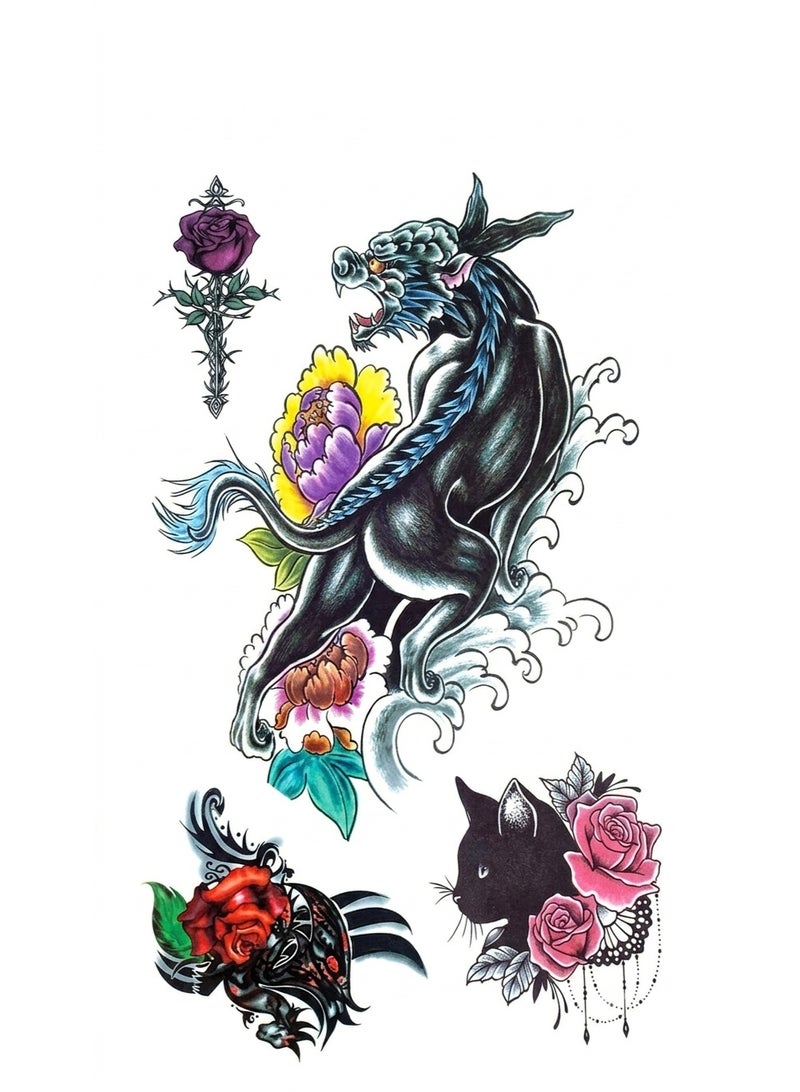 Mythical Creature, Black Cat & Rose Temporary Tattoo Sticker Set