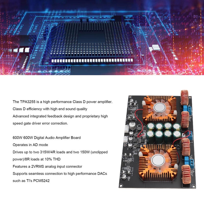 Ashata TPA3255 Power Amplifier Board, Digital Stereo Amplifier Board, Dual Core Class D High Power 600W 600W DIY Audio Power Amp Module for Home Theater - Image 2