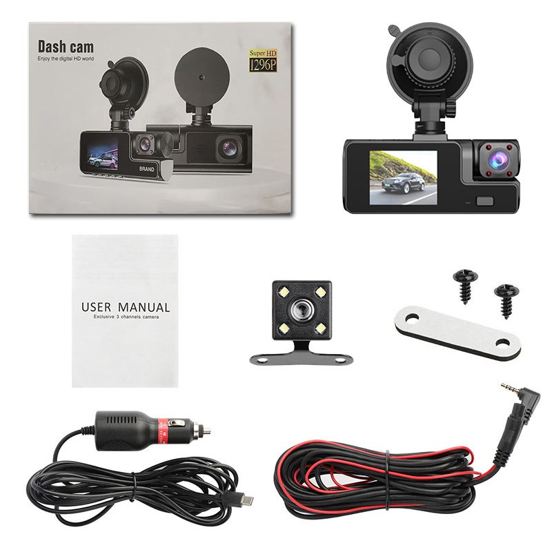 C309 Three-Lens Dash Cam With Wifi, Mobile Phone Connectivity, High-Definition Triple Recording, Front, Interior, And Rear Loop Recording - Image 1