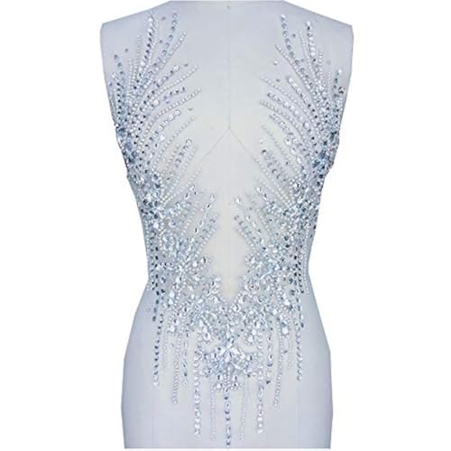 Zbroh Pure Handmade Rhinestones Applique Sew on Beads Trim Patches for Wedding Dress 23x13 Inches (Silver), Rectangular - Image 1