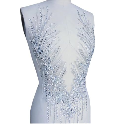Zbroh Pure Handmade Rhinestones Applique Sew on Beads Trim Patches for Wedding Dress 23x13 Inches (Silver), Rectangular - Image 3