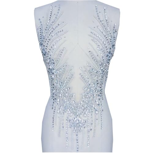 Zbroh Pure Handmade Rhinestones Applique Sew on Beads Trim Patches for Wedding Dress 23x13 Inches (Silver), Rectangular - Image 2