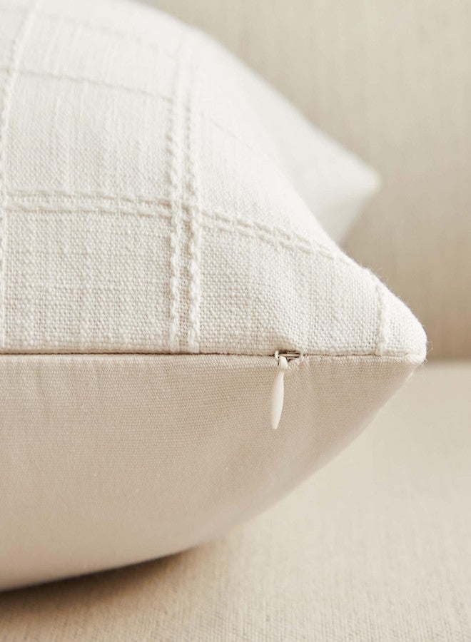 ZeeMart Linen Checked Throw Pillow Covers Set of 2, 18x18 Inch Ivory/Cream, Farmhouse Decorative Single Sided Grid Embroidered Couch Pillow Cases Off White Cotton Linen Cushion Covers - Image 3