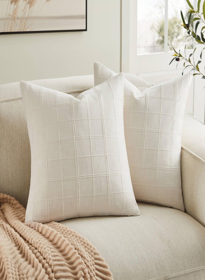 ZeeMart Linen Checked Throw Pillow Covers Set of 2, 18x18 Inch Ivory/Cream, Farmhouse Decorative Single Sided Grid Embroidered Couch Pillow Cases Off White Cotton Linen Cushion Covers - Image 1