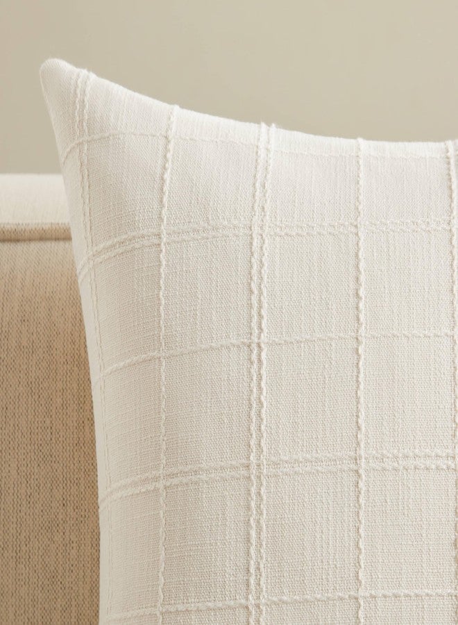 ZeeMart Linen Checked Throw Pillow Covers Set of 2, 18x18 Inch Ivory/Cream, Farmhouse Decorative Single Sided Grid Embroidered Couch Pillow Cases Off White Cotton Linen Cushion Covers - Image 2