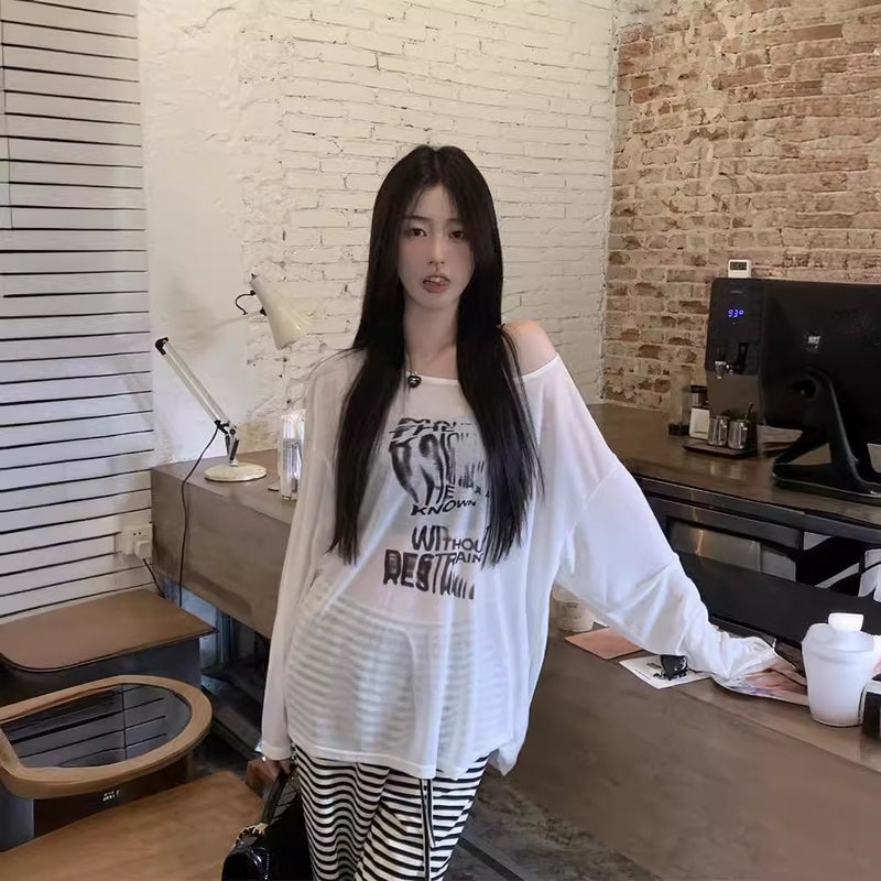 American High Street Off-Shoulder Printed T-Shirt For Women In Summer, Lazy Style, Loose One-Shoulder Blouse, Tulle Sun Protection - Image 3