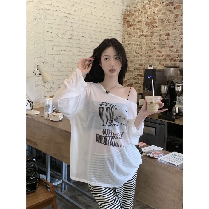 American High Street Off-Shoulder Printed T-Shirt For Women In Summer, Lazy Style, Loose One-Shoulder Blouse, Tulle Sun Protection - Image 1