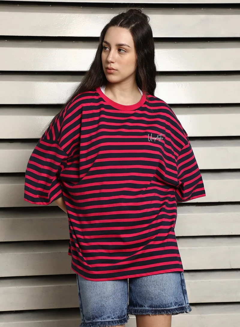 هاي ستار Women's Pink 100% Cotton Striped Oversized T-Shirt