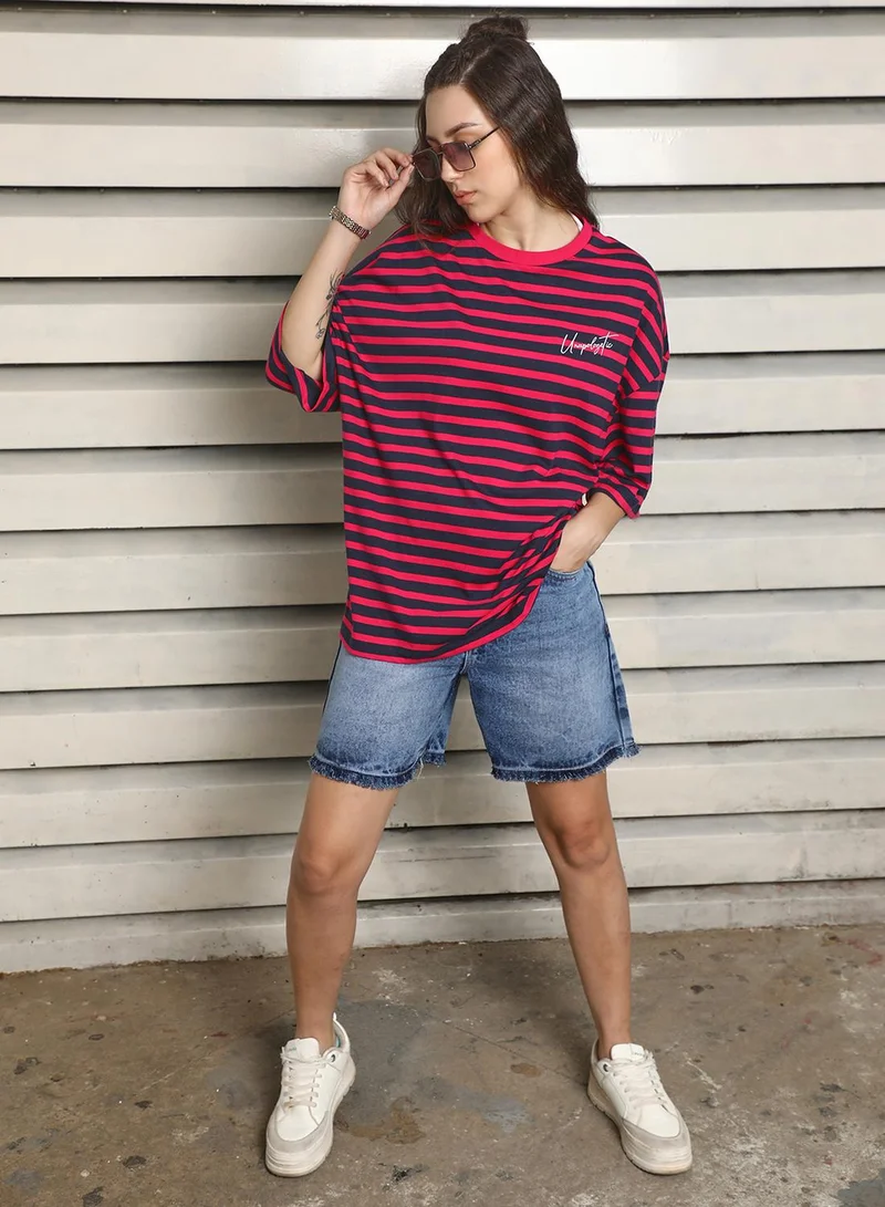 هاي ستار Women's Pink 100% Cotton Striped Oversized T-Shirt