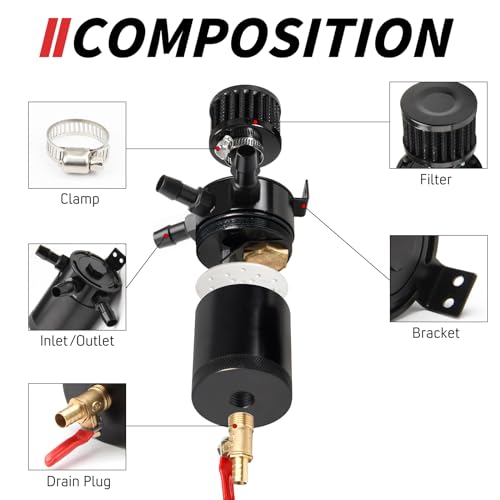 WENJTP Oil Catch Can Kit with 4 Adapters + Breather Filter Drain Valve Plug 2 Ports (1 oulet + 1 inlet) 150ml Universal Aluminum Baffled Oil Reservoir Tank Oil Separator HTRACING (Red) - Image 4