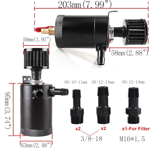 WENJTP Oil Catch Can Kit with 4 Adapters + Breather Filter Drain Valve Plug 2 Ports (1 oulet + 1 inlet) 150ml Universal Aluminum Baffled Oil Reservoir Tank Oil Separator HTRACING (Red) - Image 2