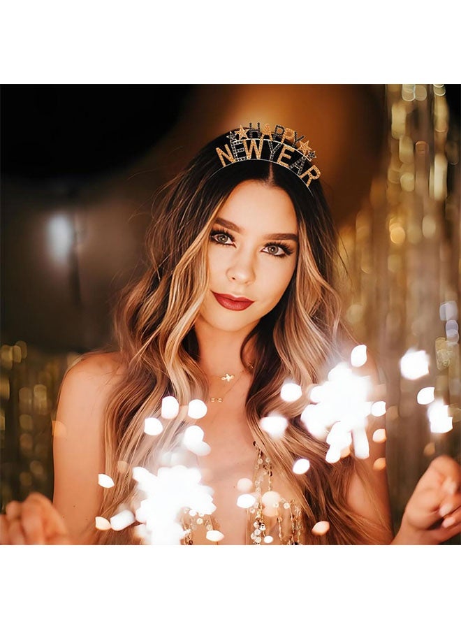 ZVEV New Years Headbands for Women - Rhinestone Happy New Year Headband - New Years Decorations 2025 - New Years Eve Headband - 2025 New Years Eve Party Supplies (Black Gold) - Image 2