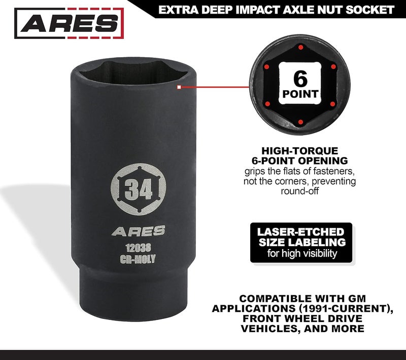 ARES 12038-34MM Axle Nut Socket - 6 Point Socket - Extra Deep 1/2-Inch Drive Impact Socket for Easy Removal of Axle Shaft Nuts - Image 2