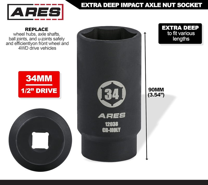 ARES 12038-34MM Axle Nut Socket - 6 Point Socket - Extra Deep 1/2-Inch Drive Impact Socket for Easy Removal of Axle Shaft Nuts - Image 1
