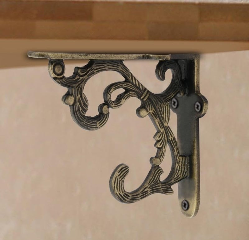 GHAR DWAR Metal Handcrafted Shelf Bracket for Floating Shelves L Angle Decorative L Shaped Corner Brace Joint Heavy Duty Wall Mounted Shelf Supporter Corner Brace Holder (Pack of 4, Brass Antique) - Image 5
