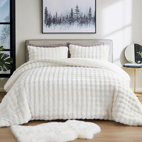Bedbay White Faux Fur Comforter Set King Size Plush Fluffy Comforter Winter Bedding Set 3 Pcs Soft Cozy Warm Winter Quilts King Size Smoofy Velvet Bubble Rabbit Fur Fuzzy Comforter Luxury Bedding Set - Image 2