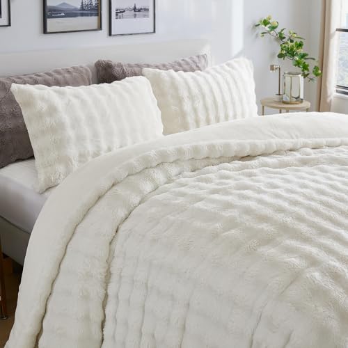 Bedbay White Faux Fur Comforter Set King Size Plush Fluffy Comforter Winter Bedding Set 3 Pcs Soft Cozy Warm Winter Quilts King Size Smoofy Velvet Bubble Rabbit Fur Fuzzy Comforter Luxury Bedding Set - Image 3
