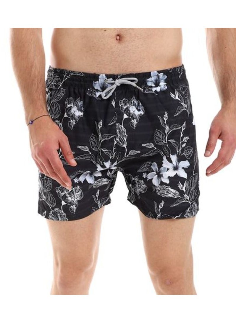 Pavone Flowers Patterned Elastic Waist with Sided & Back Pockets Swim Short-Black - Image 1