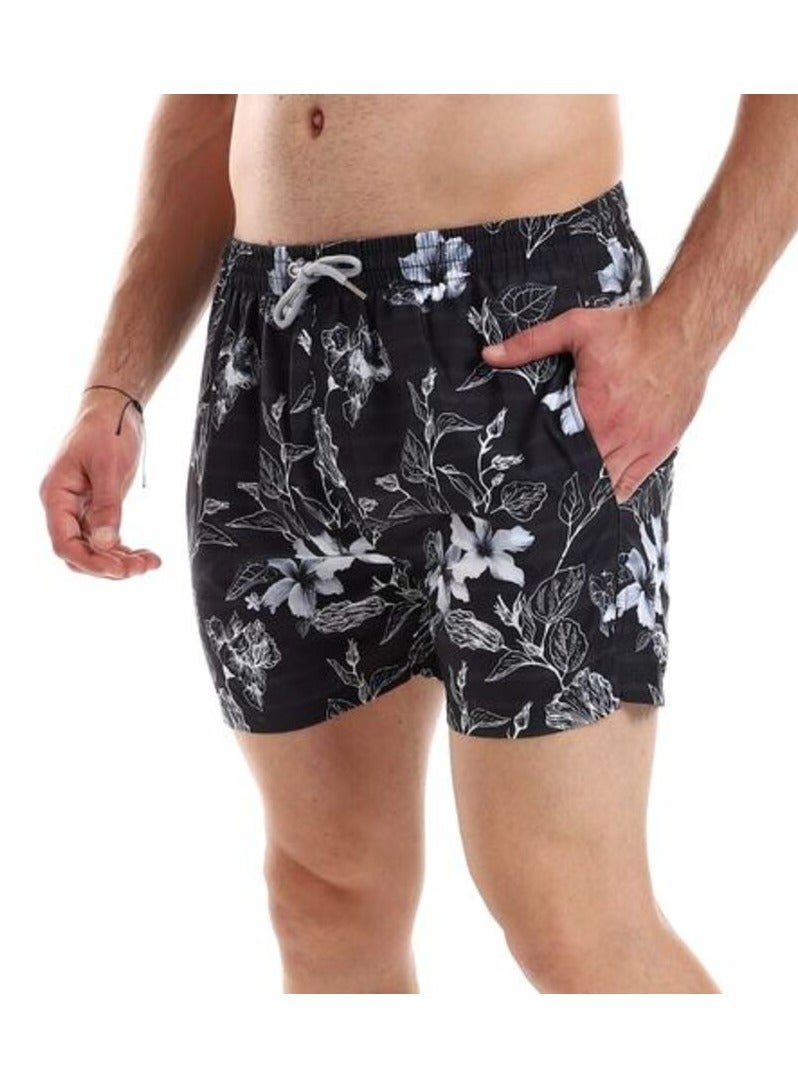 Pavone Flowers Patterned Elastic Waist with Sided & Back Pockets Swim Short-Black - Image 2