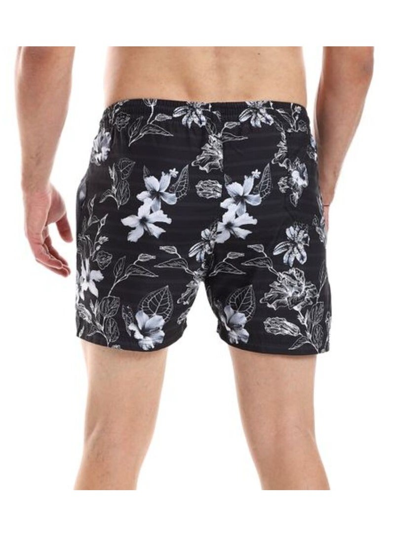 Pavone Flowers Patterned Elastic Waist with Sided & Back Pockets Swim Short-Black - Image 3