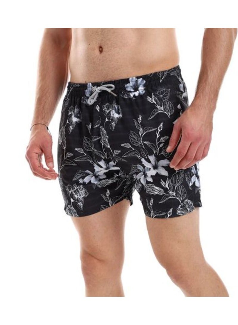 Pavone Flowers Patterned Elastic Waist with Sided & Back Pockets Swim Short-Black - Image 4