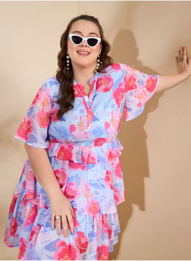 ساسافراس Plus Size Floral Print Tired Knee Length Dress